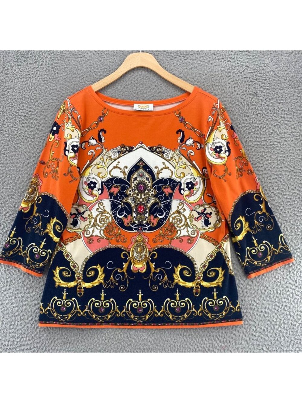 Talbots Top Womens Medium Petite VTG Orange Gold Batik Print Knit Tee 3/4 Sleeve